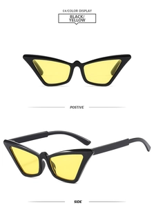 Front and side view of cat-eye sunglasses with black frames and yellow tinted lenses