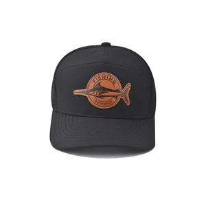 Black outdoor fishing baseball cap with curved brim and fish leather patch
