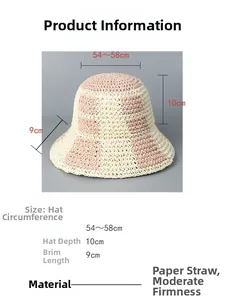 Size chart for handmade woven straw bucket hat with beige and pink checkered pattern