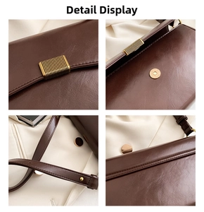 Detailsicht der braunen Ledertasche mit Magnetverschluss und Wellenmetall-Hardware