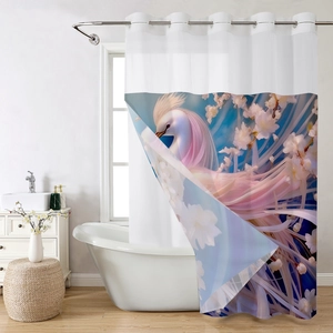 Detail of waterproof shower curtain with pink phoenix and cherry blossom art patterns