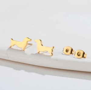 Cute gold dachshund dog stud earrings in polished stainless steel for women