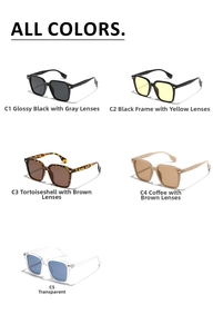 Detailed grid showing five colors of oversized square sunglasses with metal rivets