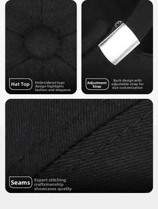 Detail of adjustable metal buckle strap and reinforced stitching on black cotton docker cap