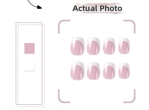 Detail view of pink and white French tip press-on nails with a glossy round short shape