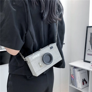 Creative silver camera-shaped crossbody bag with metal chain and sequined finish