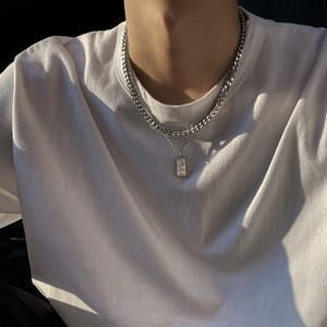 Men's double-layer titanium steel necklace with cuban chain and rectangular pendant