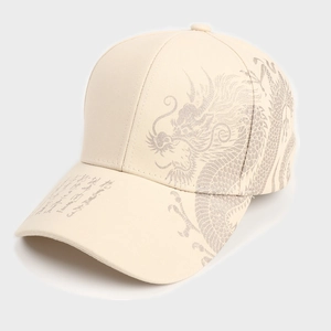 Detail of dragon print and Chinese calligraphy on beige cotton baseball cap