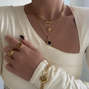 Layered 18k gold plated heart necklace and vintage gemstone ring set for women