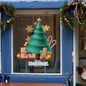 Christmas tree and gingerbread man static window decals for holiday shop front decor
