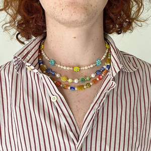 Baroque pearl choker necklace set with colorful beads and floral charm layered for women