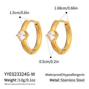 Detail view of 18K gold plated stainless steel hoop earrings with clear gemstone dimensions