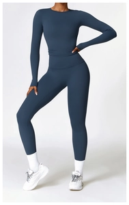 Detail of high-stretch brushed fabric on long-sleeve yoga top and leggings set