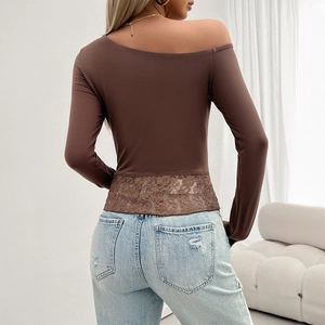 Chic brown long sleeve Y2K top for women featuring asymmetrical lace hem and open back