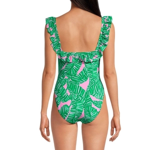 Rear view of tropical palm leaf print swimsuit with ruffled straps and square open back