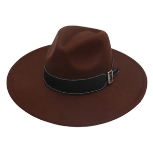 Detail of deep brown felt fedora hat featuring a black leather band with silver buckle
