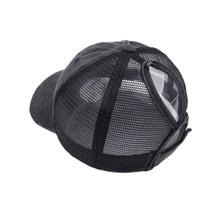 Distressed black ponytail baseball cap with breathable mesh and cotton fabric