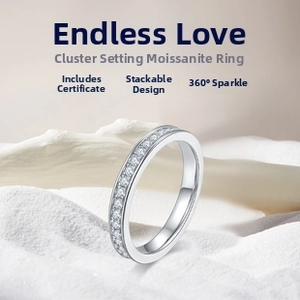 Macro shot of 925 silver moissanite eternity band with channel-set stones on white sand