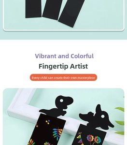 Close-up of DIY animal bookmarks showing the colorful rainbow effect under black coating