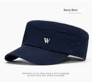 Detailed view of navy blue cotton twill military cap featuring a silver metal W logo
