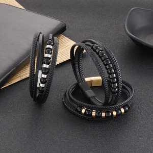 Men Multi-Layer Braided Leather Bracelet Stainless Steel Magnetic Clasp Beads Punk Minimalist Fashion Wristband Accessory