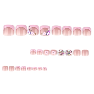 French style light pink fake toenails with 3D flower and rhinestone decorations