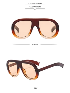 Front and side view of oversized champagne aviator sunglasses with gradient tea lenses