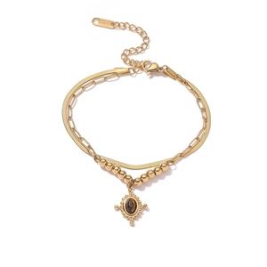 Gold double-layer stainless steel snake chain bracelet with brown gemstone pendant