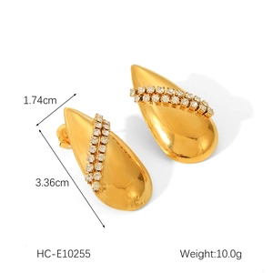 Detail view of 18K gold plated teardrop earrings with white zircon inlays and dimensions