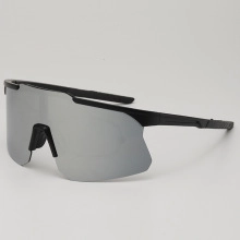 Detail view of semi-rimless cycling sunglasses with silver mirrored lenses for sports