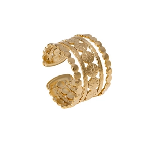Vintage gold hollow multilayer open ring with engraved sun pattern for women
