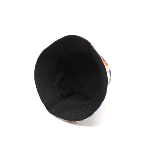 Inside view showing double-sided design of floral canvas bucket hat with black lining