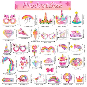 Unicorn theme party photo props size chart including colorful glasses and headbands