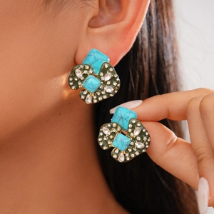Green and blue acrylic geometric earrings with white crystals in bohemian style