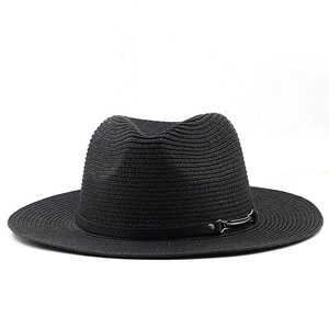 Classic black straw fedora hat for women with leather band and metal buckle for sun protection