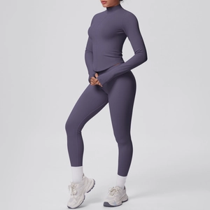 Set yoga da donna viola fumé con giacca con zip e leggings a vita alta elastici