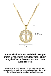 Detailed view of gold cross heart pendant necklace with dimensions 2.7x2cm and zirconia