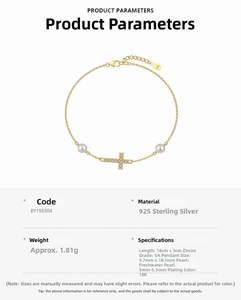Detailed specs of S925 sterling silver cross bracelet with freshwater pearls and zircons