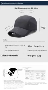 Guide des tailles détaillé pour casquette de baseball gris foncé séchage rapide et mesures