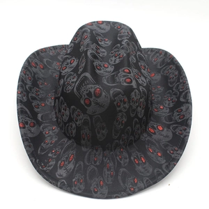 Black western cowboy hat with grey skull prints and red glitter eyes for Halloween parties