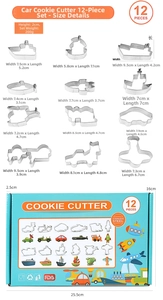 Size chart for 12-piece stainless steel vehicle cookie cutters with dimensions and box size