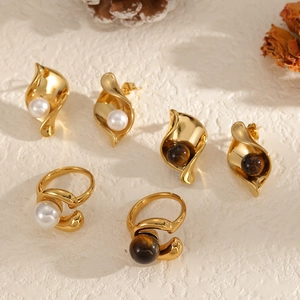 Bijoux Vague Géométrique Bague Boucle Oreille Acier Inoxydable Plaqué Or 18K Avec Künstliche Perle Et Oeil De Tigre Vintage