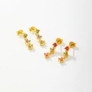 S925 sterling silver stud earrings featuring three-stone multicolor zircon pendants in gold finish