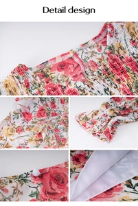 Detail view of floral print shirt with shirred neckline, ruffle cuffs, and soft inner lining