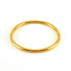 Close-up of a 18K gold-plated titanium steel bangle with a polished finish and hinge closure