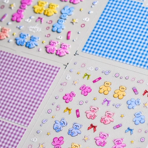 5D embossed nail stickers featuring cute 3D bears, tulips and plaid patterns for DIY art