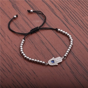 Adjustable silver bead bracelet featuring a Hamsa hand charm with blue zircon crystals