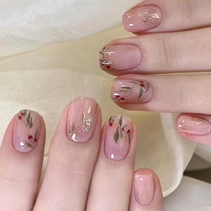 Press On Nails Short Round Square Pink Nude Base Red Berry Green Leaf Hand Painted Design Gold Foil Glitter Accents For Women
