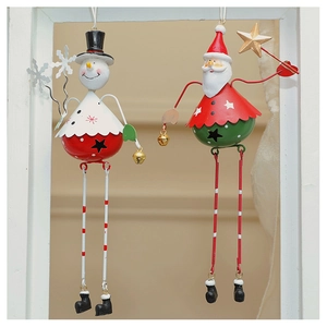 Detail of iron Santa and Snowman ornaments with swinging legs and festive metal bells