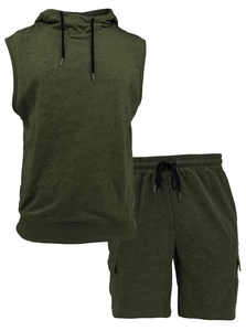 Detail of olive green sleeveless hoodie and cargo shorts with drawstring and washed texture